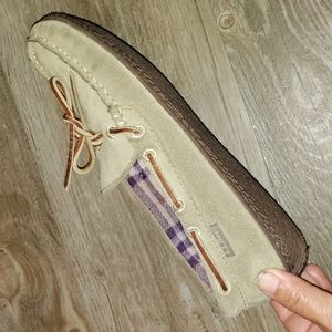 LL Bean Hand Sewn Flannel Lined Leather Suede Boat Shoes